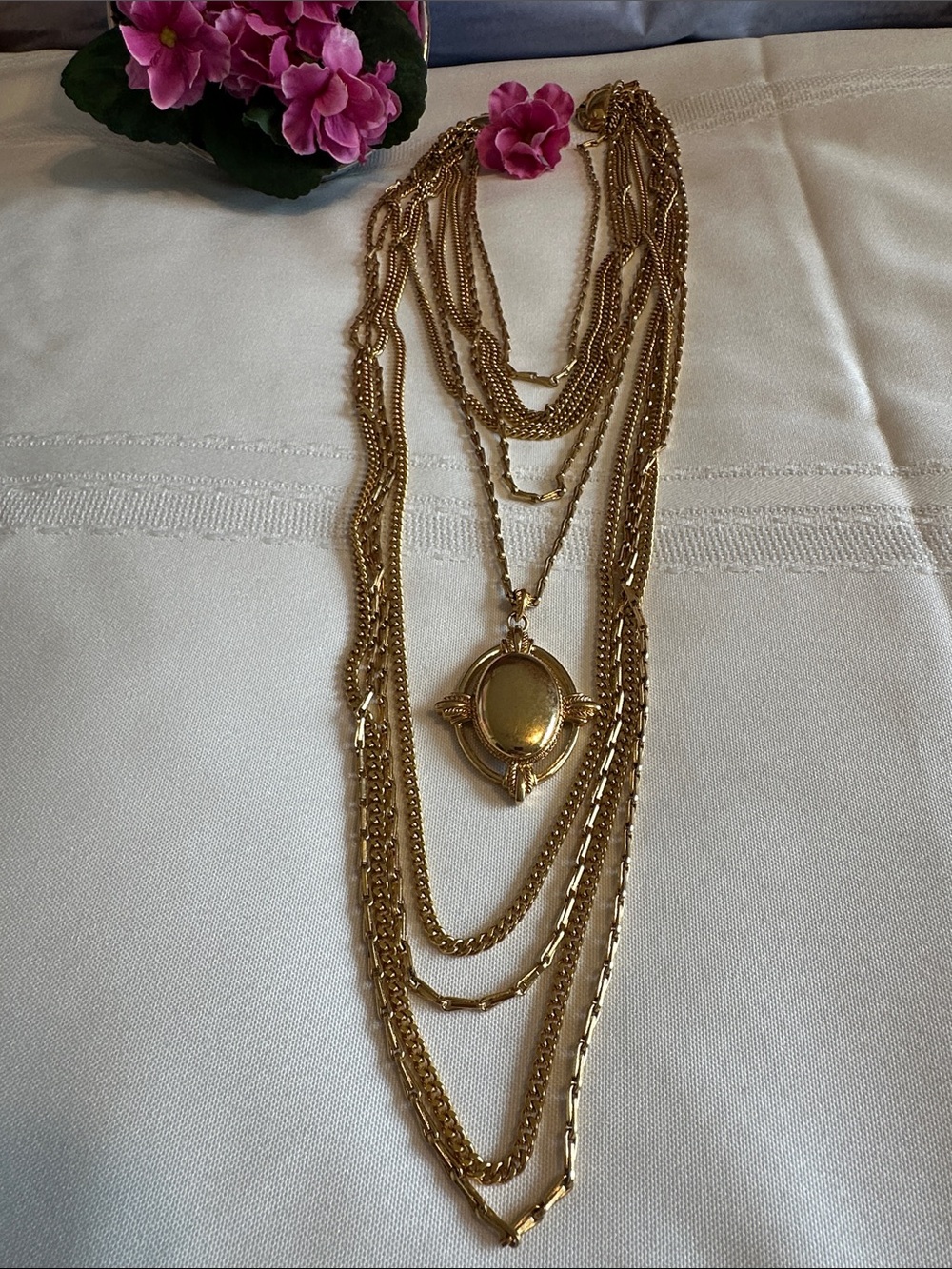 Vintage Monet Gold Tone Multi-Strand Chain Statement Pendant Necklace